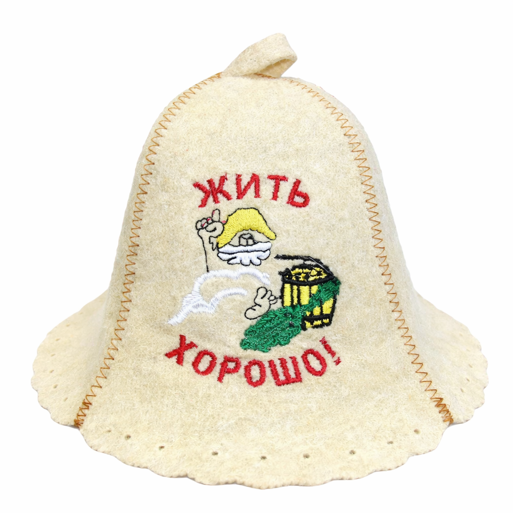 Filzkappe für Sauna Saunahut Saunamütze Жить хорошо!“ (Das Leben ist gut!)