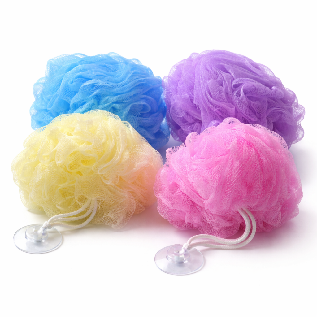 Badeschwamm Duschknäul XL – 4er Familien-Set Duschschwämme mit Saugnapf