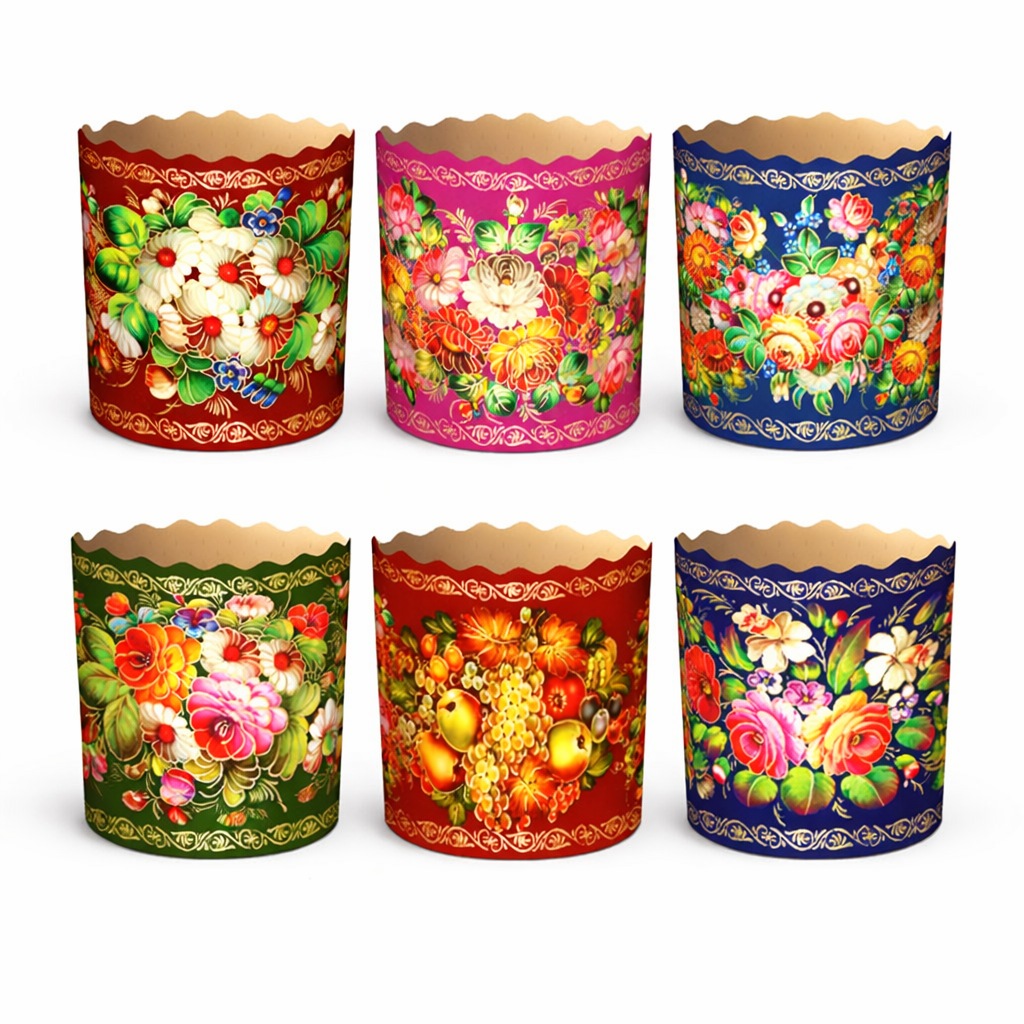 6 St. Backform-Set für Osterkuchen aus Backpapier mit Blümen H 8,5 cm, ∅ 11 cm