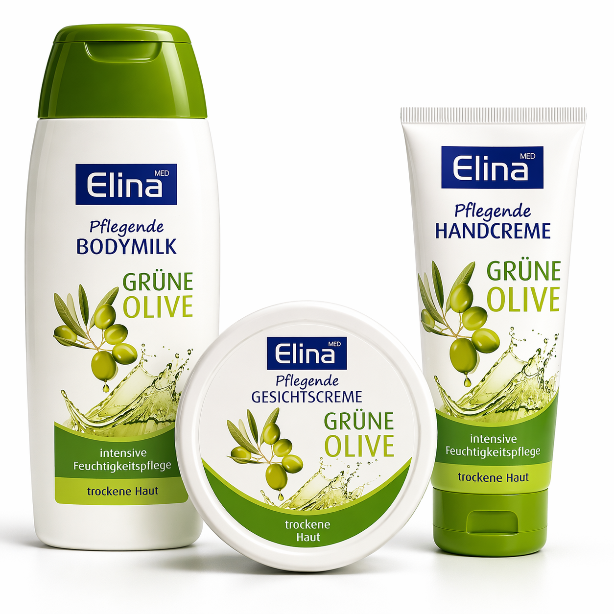 Elina Med Pflege-Set Grüne Olive – Bodymilk, Gesichtscreme & Handcreme für trockene Haut