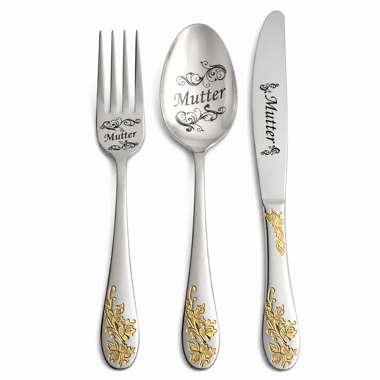 Besteckset „Mutter“ – 3-teiliges Geschenkset aus Edelstahl mit Golddekor