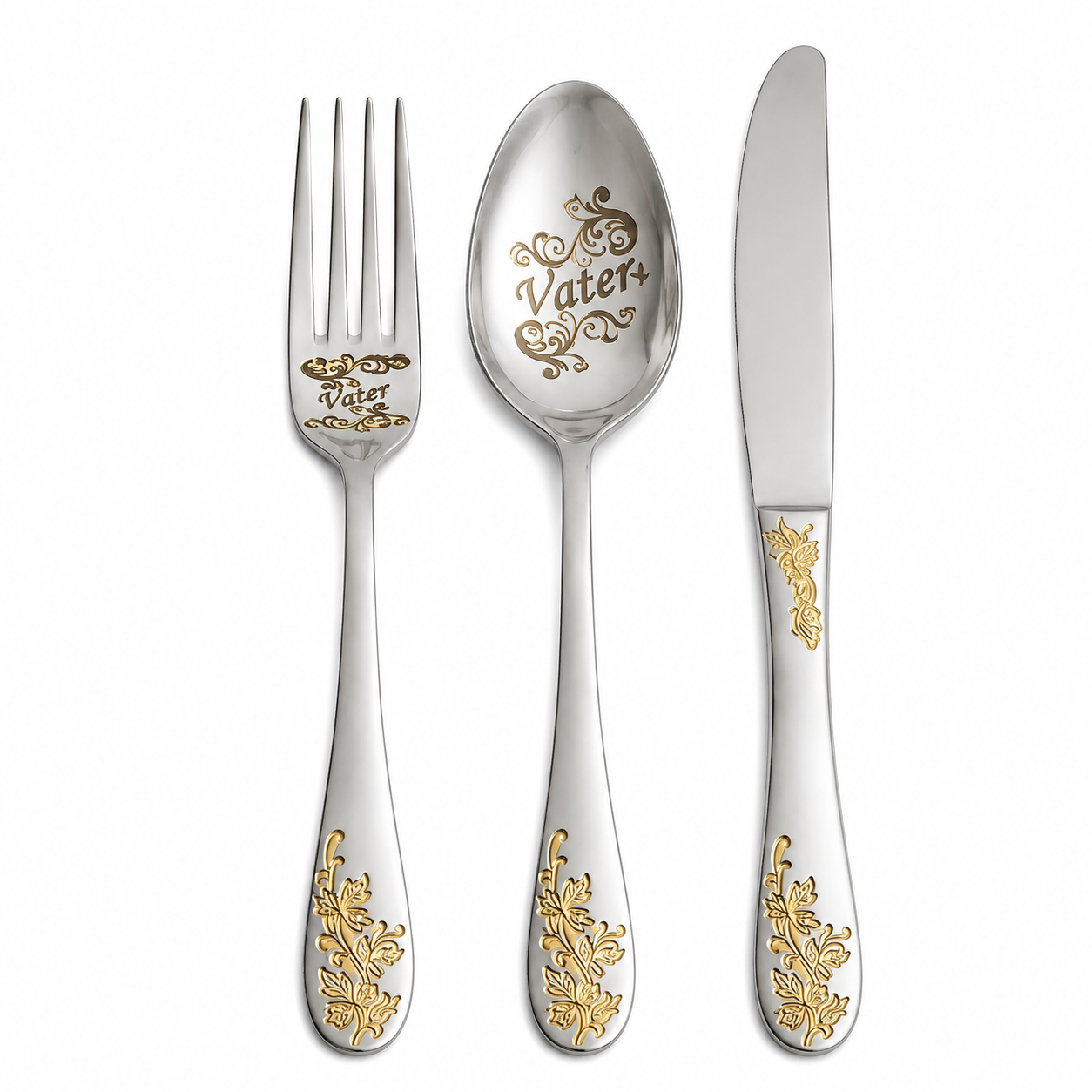 Besteckset „Vater“ – 3-teiliges Geschenkset aus Edelstahl mit Golddekor