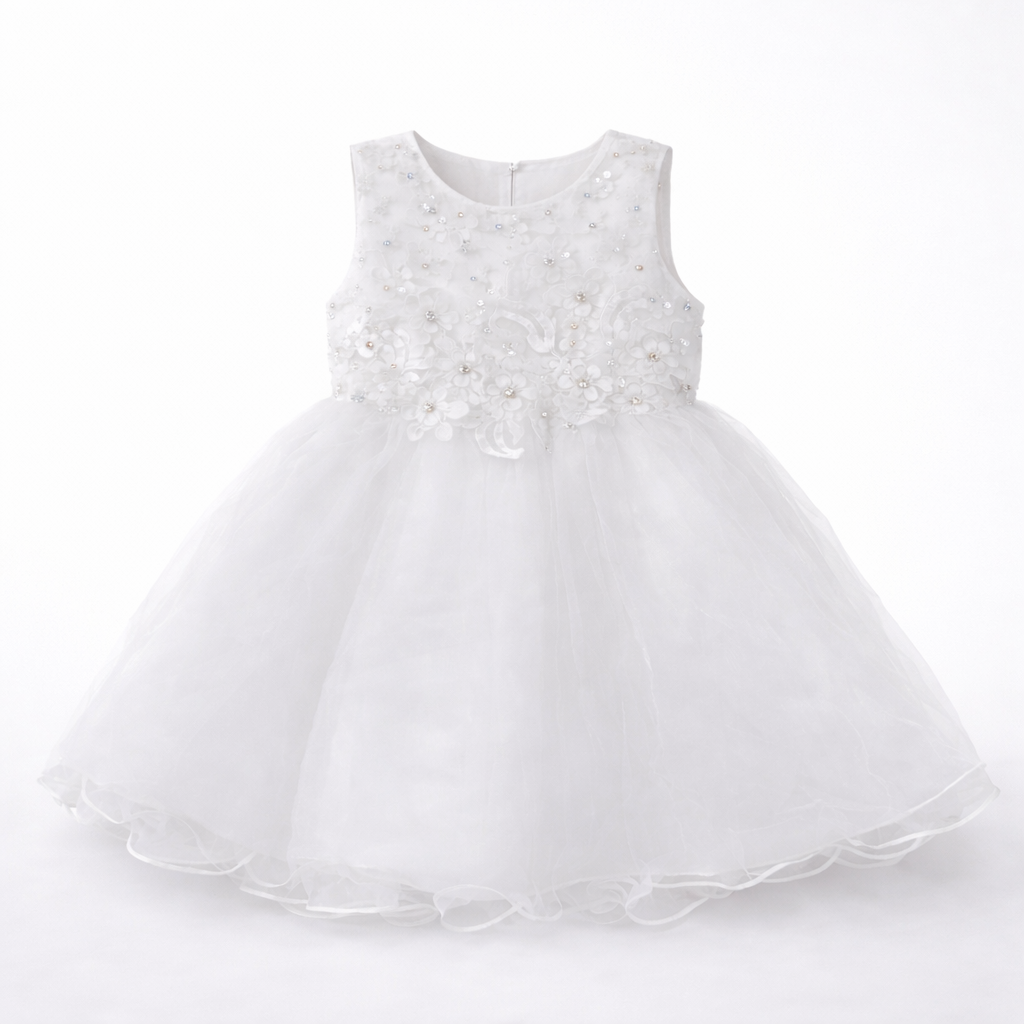 Kinder Festkleid Mädchen Weiß, Blumenmädchenkleid mit Tüllrock, 3D-Blumen