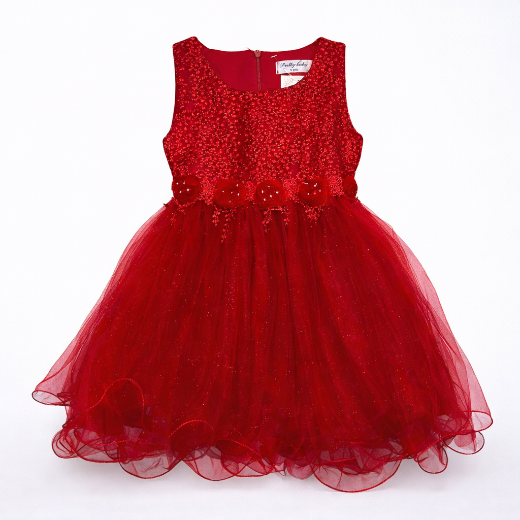 Kinder Festkleid Mädchen Rot – Blumenmädchenkleid mit Tüllrock, Pailletten