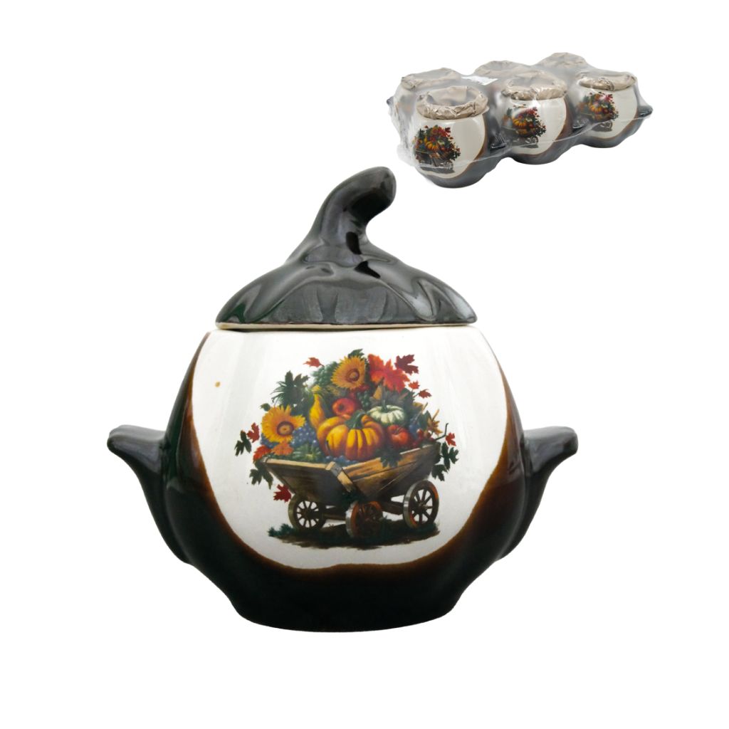 Keramiktopf Set Kürbisform in Braun mit Ernte-/Herbstmotiv 6St je 0,75