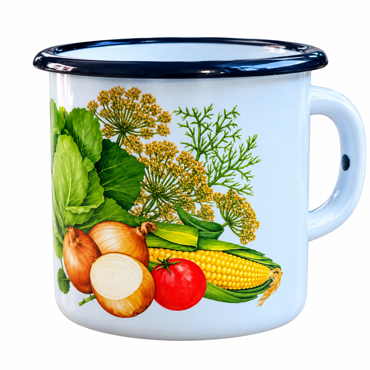 Emaille-Tasse mit Gemüse- und Kräutermotiv – Hellblau 0,4 l
