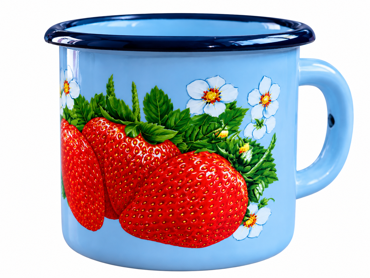 Emaille-Becher mit Erdbeermotiv – Blau. 0,4 L