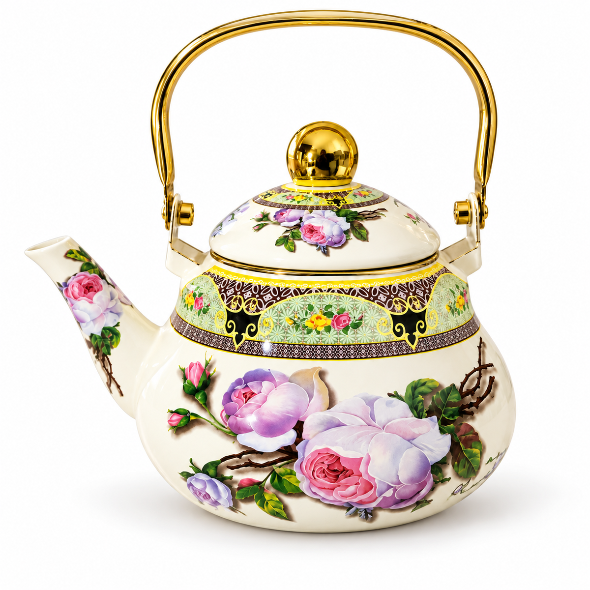 Teekanne 1,5 Liter aus Emaille – Elegantes Rosendesign mit Goldakzenten