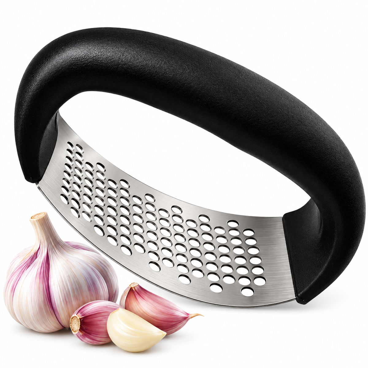 Knoblauchwippe aus Edelstahl mit ergonomischem Griff