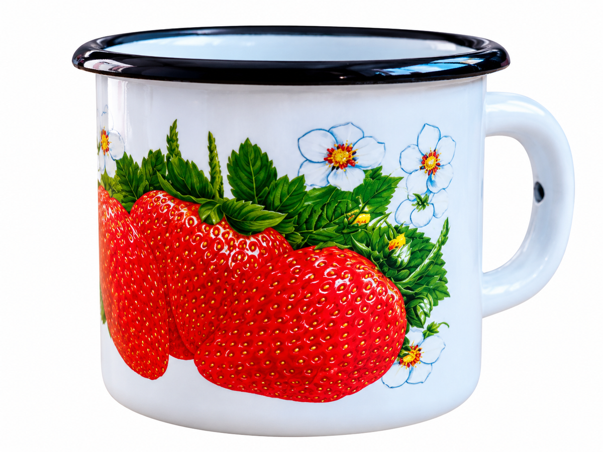 Emaille-Becher mit Erdbeermotiv – Weiss 0,4 L