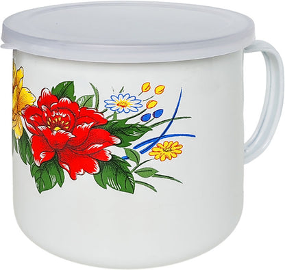 Emaille Kanne / Emaille Becher mit Deckel 1,0 L Ø12 cm – Trinkbecher Camping Outdoor