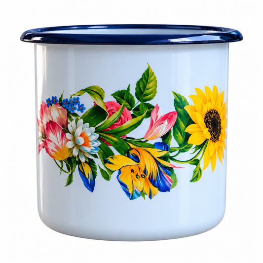Emaille Becher mit Sonnenblumen-Motiv –  Emaillebecher mit Henkel und schwarzem Rand 1L.