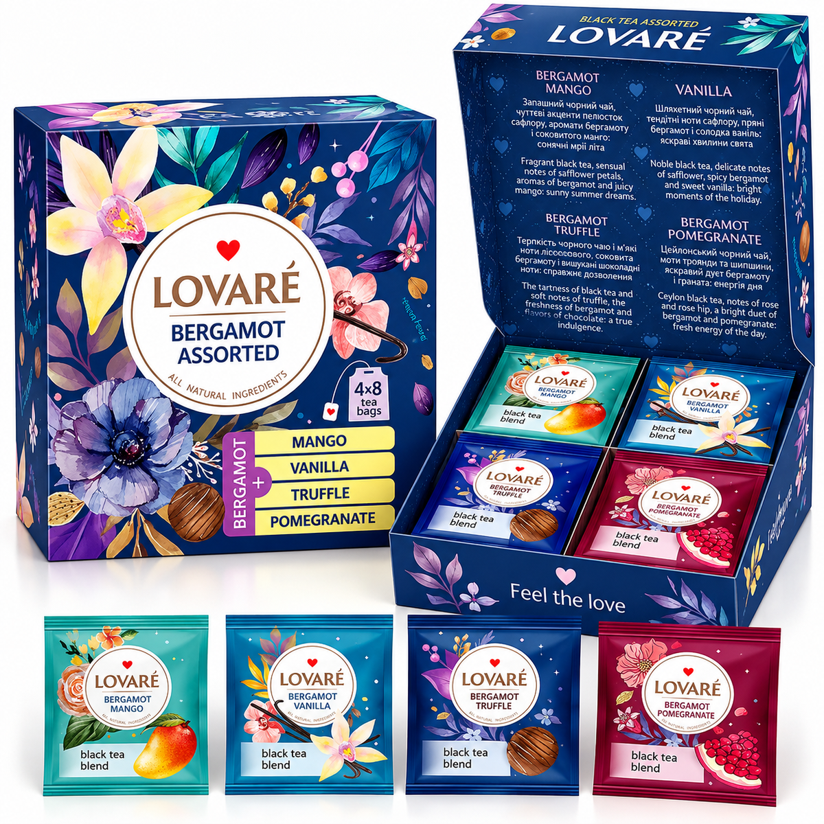LOVARÉ Bergamot Assorted – Schwarzer Tee-Sortiment mit Bergamotte, 4 Sorten, 32 Teebeute
