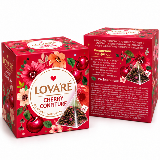 LOVARÉ Cherry Confiture – Schwarz- & Grüntee mit Kirscharoma, 15 × 2 g