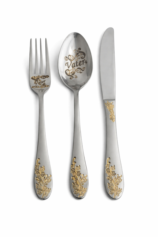 Besteckset „Vater“ – 3-teiliges Geschenkset aus Edelstahl mit Golddekor