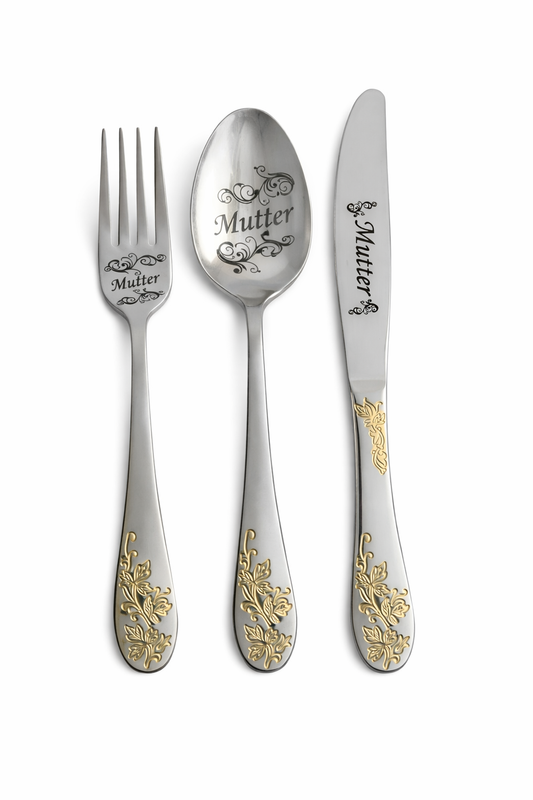 Besteckset „Mutter“ – 3-teiliges Geschenkset aus Edelstahl mit Golddekor