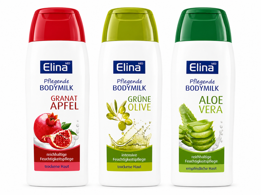 Elina Med Pflegende Bodymilk Set – Granatapfel, Grüne Olive & Aloe Vera 3x200 ml