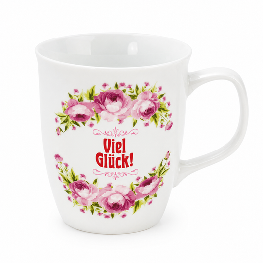 Blumentasse „Viel Glück!“ – Weiße Tasse mit floralem Motiv