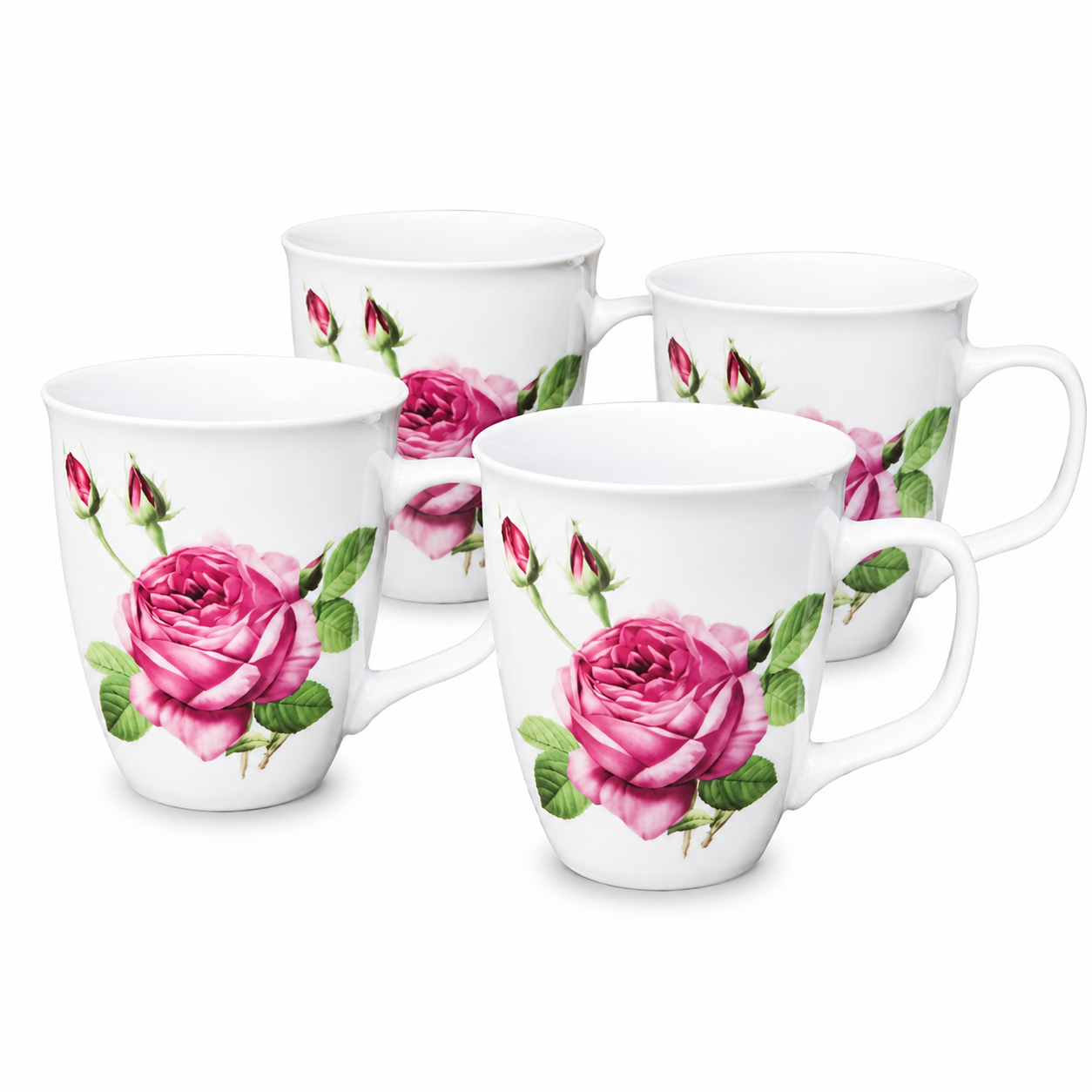 4er Set Porzellantassen Rosenmotiv – je 0,4 Liter