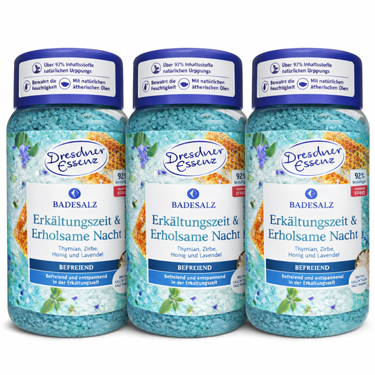 3x600 g Dresdner Essenz Badesalz Erkältungszeit & Erholsame Nacht