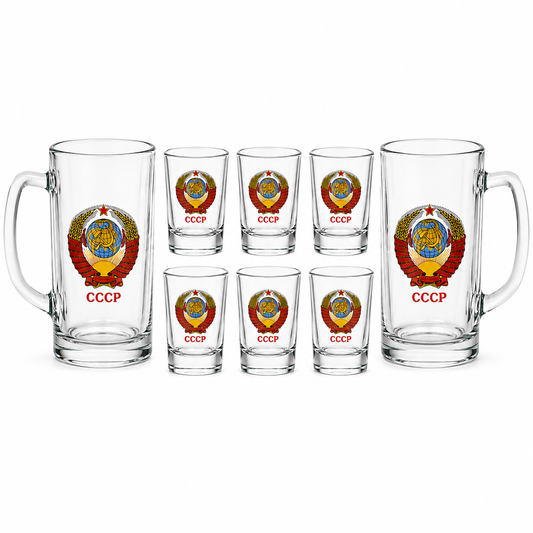 Gläser-Set "Wappen UdSSR" 2 Biergläser je 0,33 ml und 6 Gläser je 50 ml