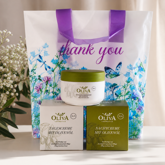 Oliva Cosmetics Geschenkset mit Olivenöl für trockene Haut  mit dekorativer Geschenktasche