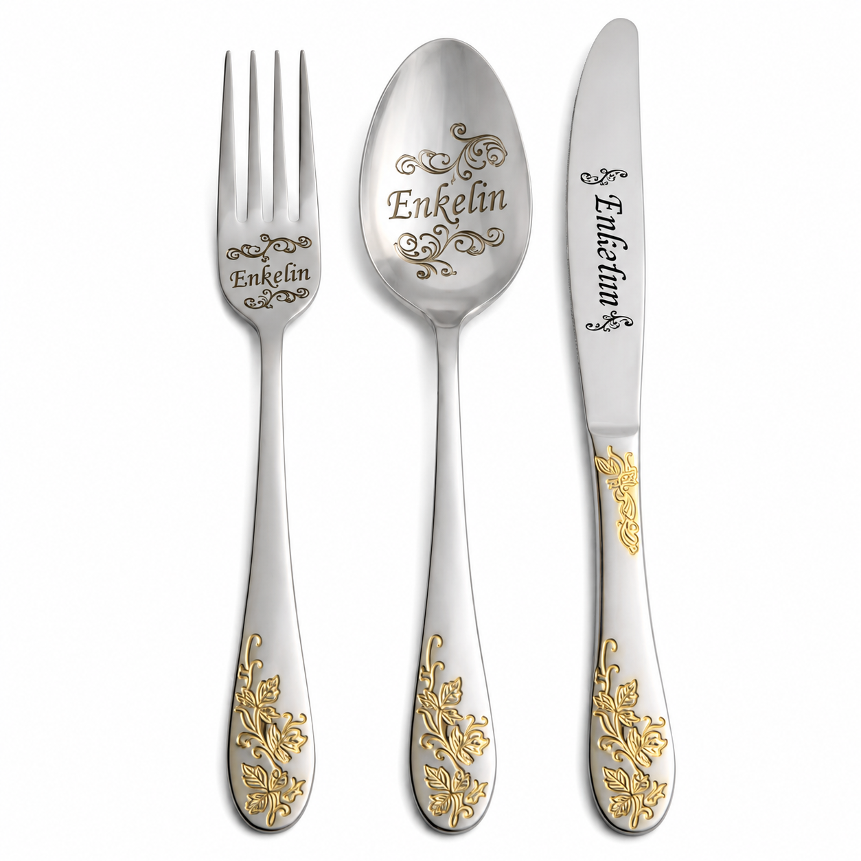 Besteckset „Enkelin“ – 3-teiliges Geschenkset aus Edelstahl mit Golddekor