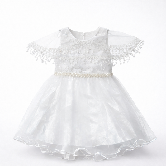 Kinder Festkleid Mädchen Weiß – Blumenmädchenkleid mit Tüllrock, Spitze & Perlen