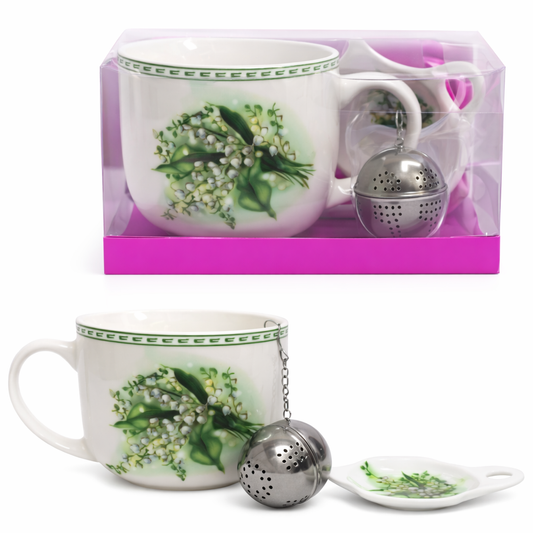Teeset -3 Tl „Maiglöckchen“, 350 ml Tasse, Teesieb + Teller für die Tüte