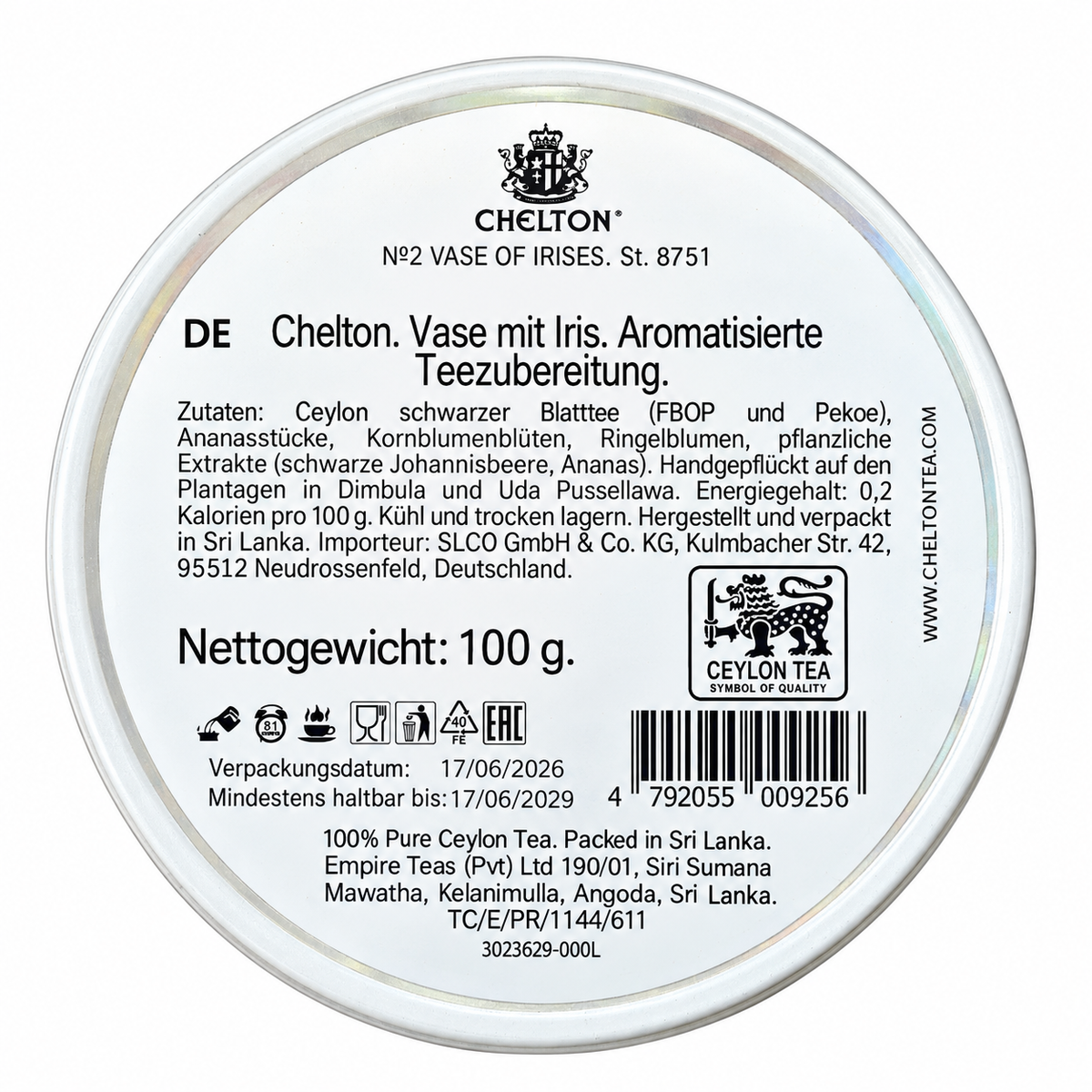 Chelton Tee Vase Iris – Aromatisierter Ceylon-Schwarztee mit Früchten und Blüten, 100 g