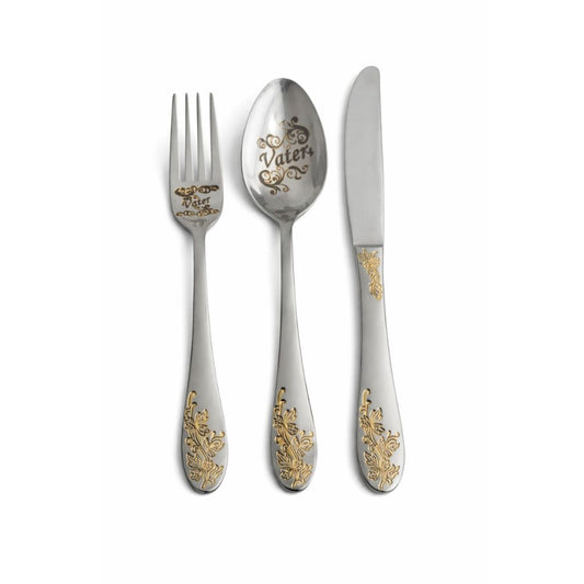 Besteckset „Vater“ – 3-teiliges Geschenkset aus Edelstahl mit Golddekor