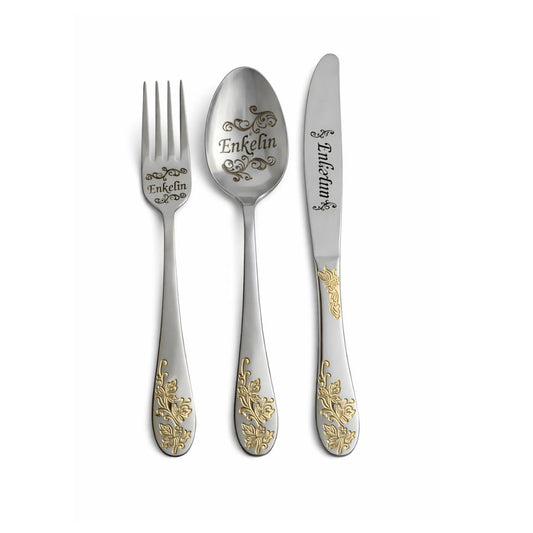 Besteckset „Enkelin“ – 3-teiliges Geschenkset aus Edelstahl mit Golddekor
