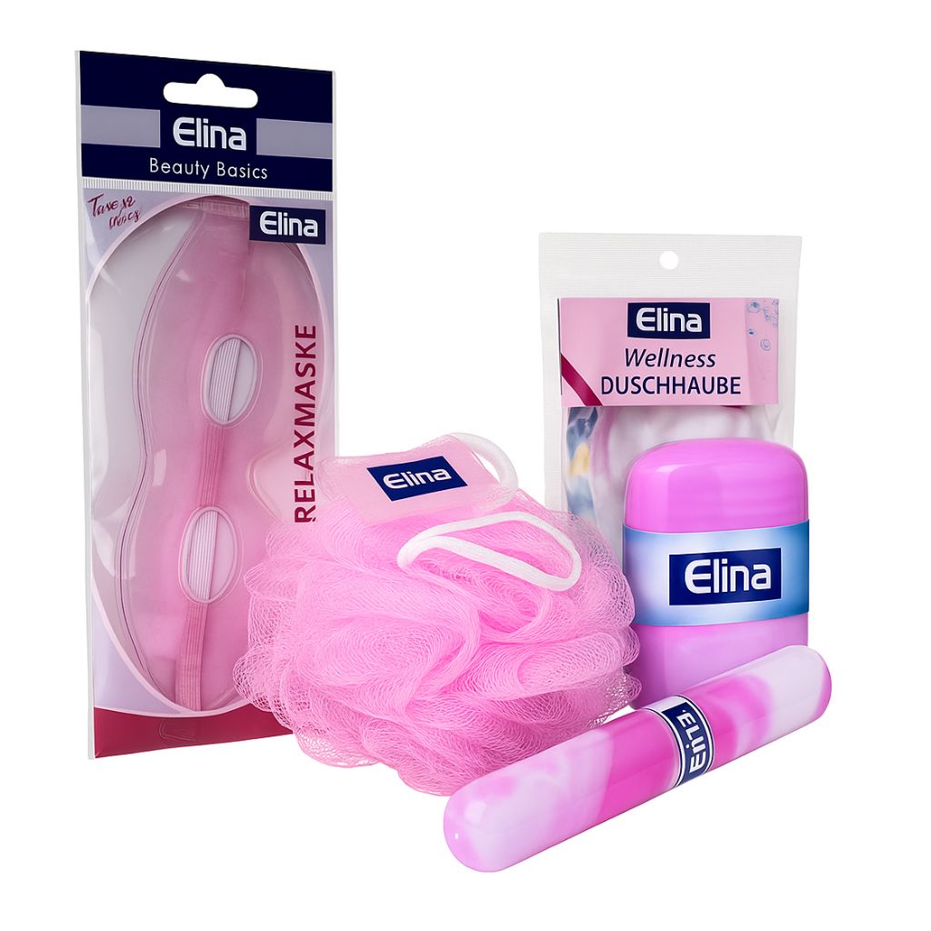 Reise Set 5 Tl. Rosa Wellness Reiseseifenetui ,Augenmaska,Schwamm,Duschhaube