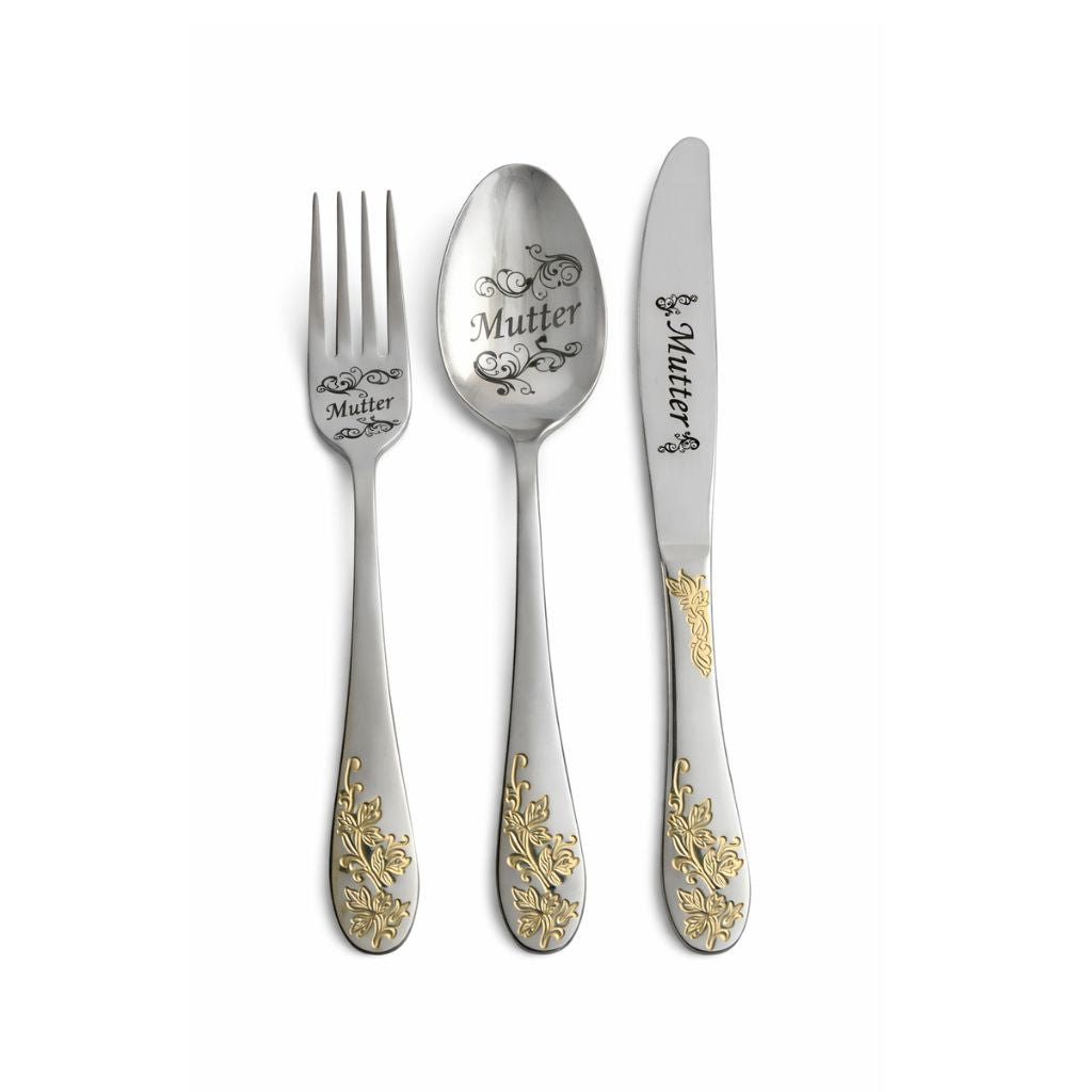 Besteckset „Mutter“ – 3-teiliges Geschenkset aus Edelstahl mit Golddekor
