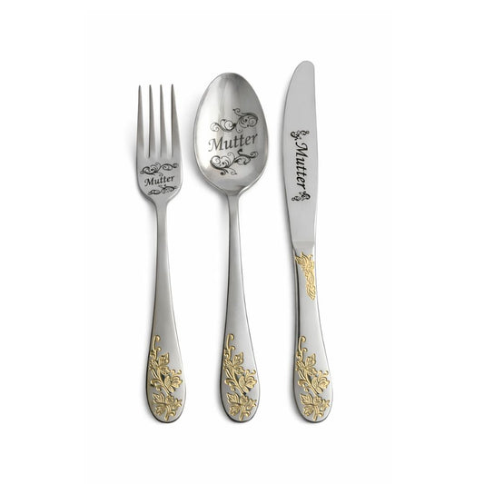 Besteckset „Mutter“ – 3-teiliges Geschenkset aus Edelstahl mit Golddekor