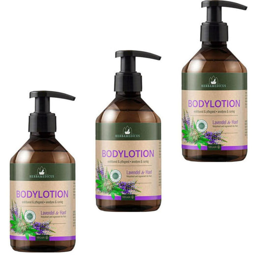 3x 250 ml Herbamedicus Bodylotion Lavendel & Hanf im Spender