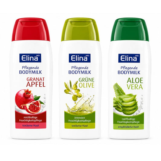Elina Med Pflegende Bodymilk Set – Granatapfel, Grüne Olive & Aloe Vera 3x200 ml