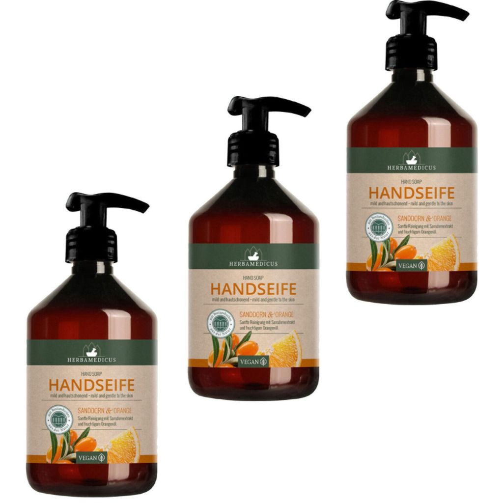 3x500 ml Herbamedicus Handseife Sanddorn & Orange in Pumpflasche