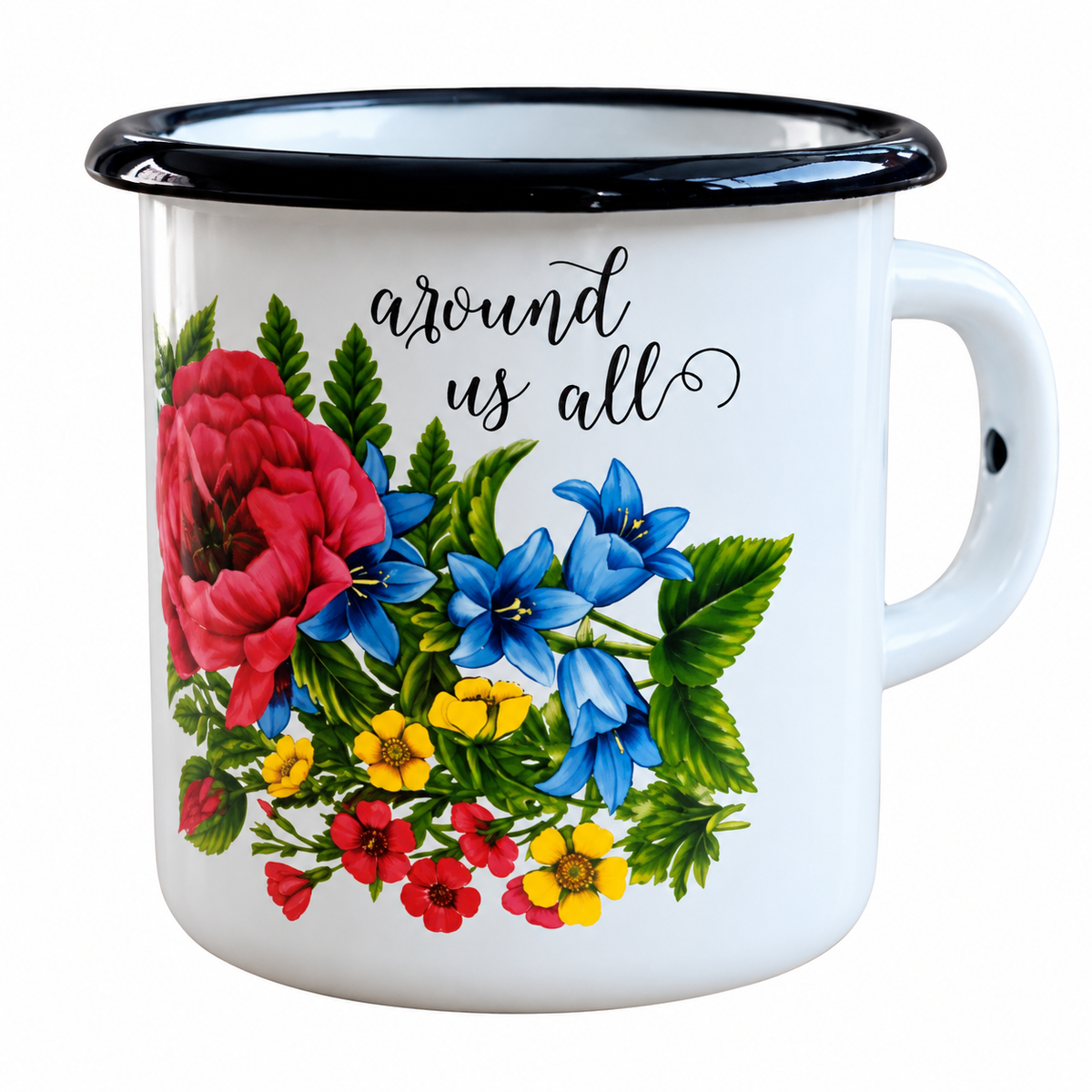 Emaille-Tasse mit buntem Blumenmotiv und Schriftzug – Weiß 0,4 L