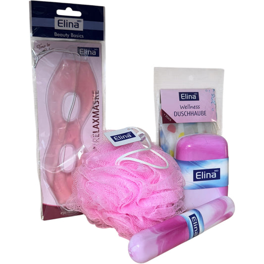 Reise Set 5 Tl. Rosa Wellness Reiseseifenetui ,Augenmaska,Schwamm,Duschhaube