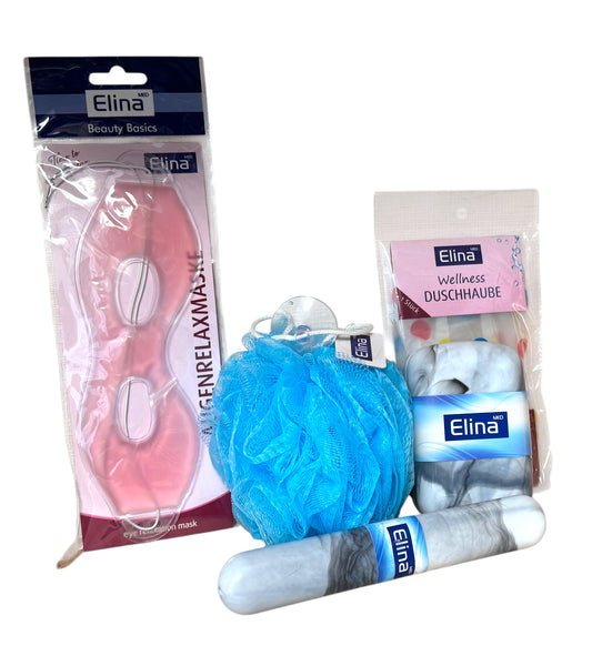 Reise Set 5 Tl. Blau Wellness Reiseseifenetui ,Augenmaska,Schwamm,Duschhaube