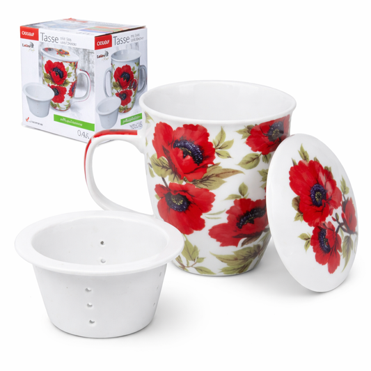 Teetasse Becher Tasse mit Deckel und Sieb Mohnblumen
