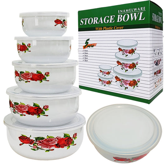 Emaillierte Schüssel-Set (5-teilig) mit Kunststoffdeckel, Ø10, 12, 14, 16, 18 cm