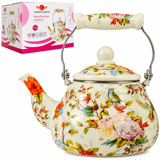 Emaille-Teekessel 1,5 L mit Blumenmotiv