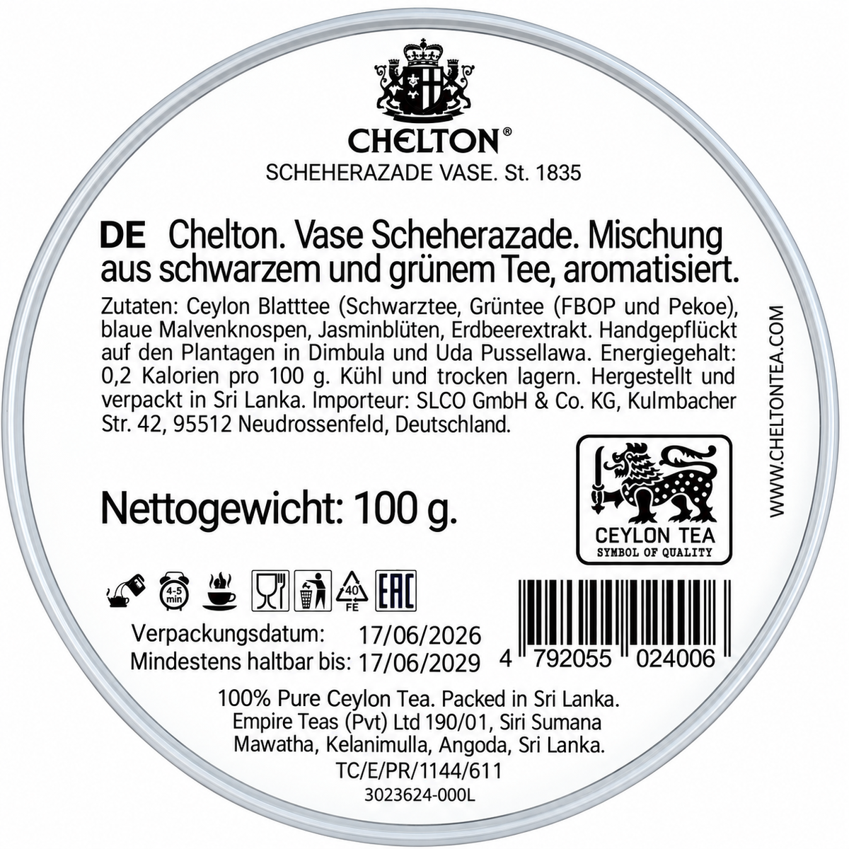 Chelton Tee Vase Scheherazade – Schwarzer und grüner Ceylon-Tee, 100 g